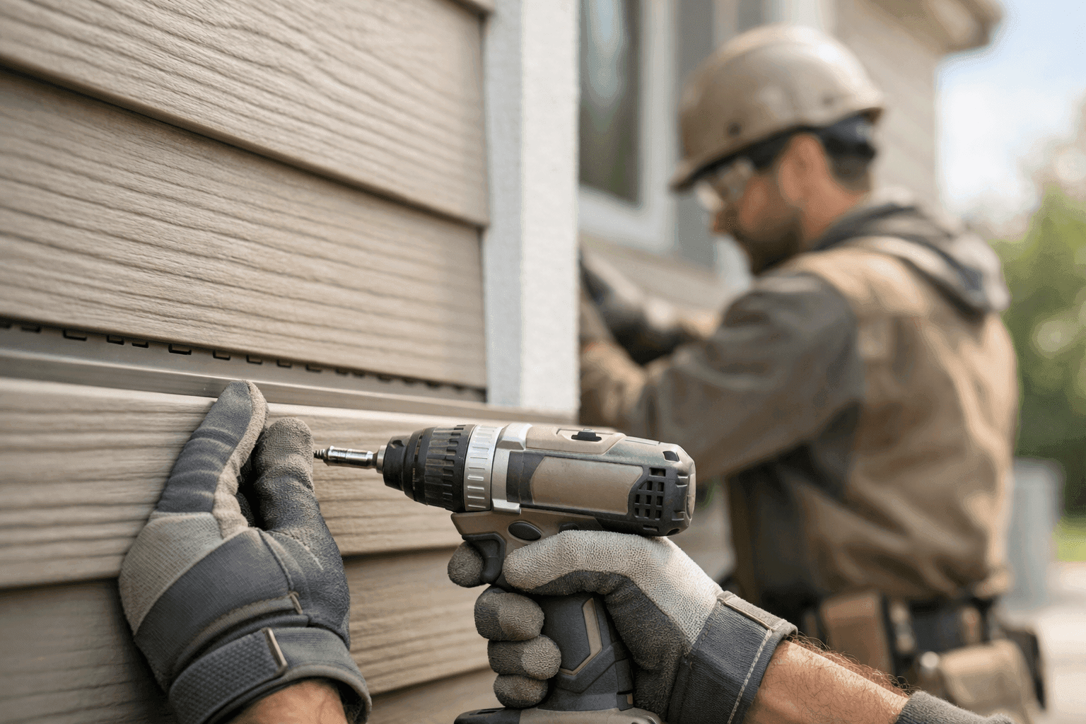 Professional installing neutral-toned siding panels on a clean residential or commercial building exterior