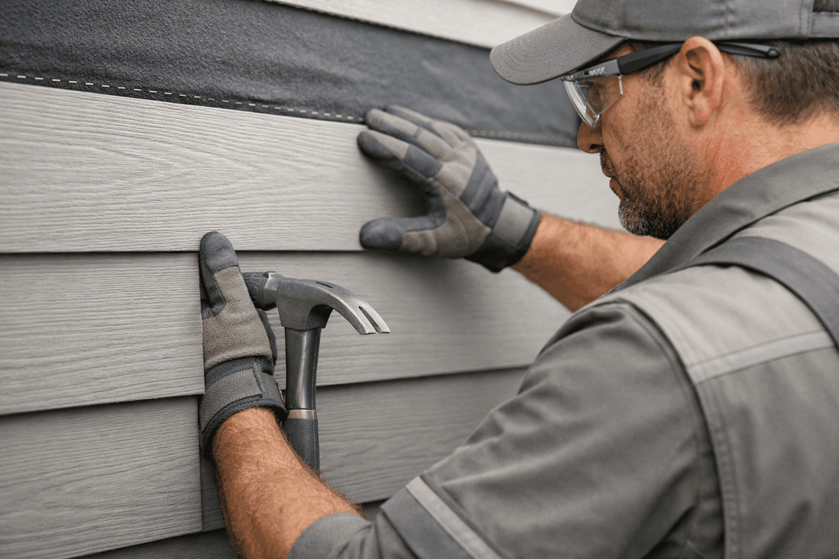 Close-up of gloved hands fitting fiber cement siding panel on residential building exterior