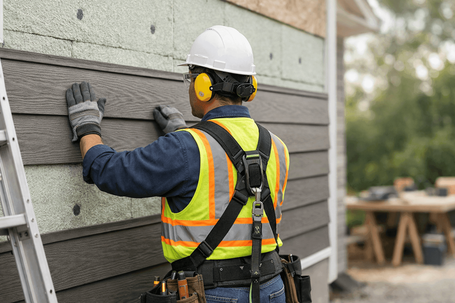 Technician installing eco-friendly insulated siding on home