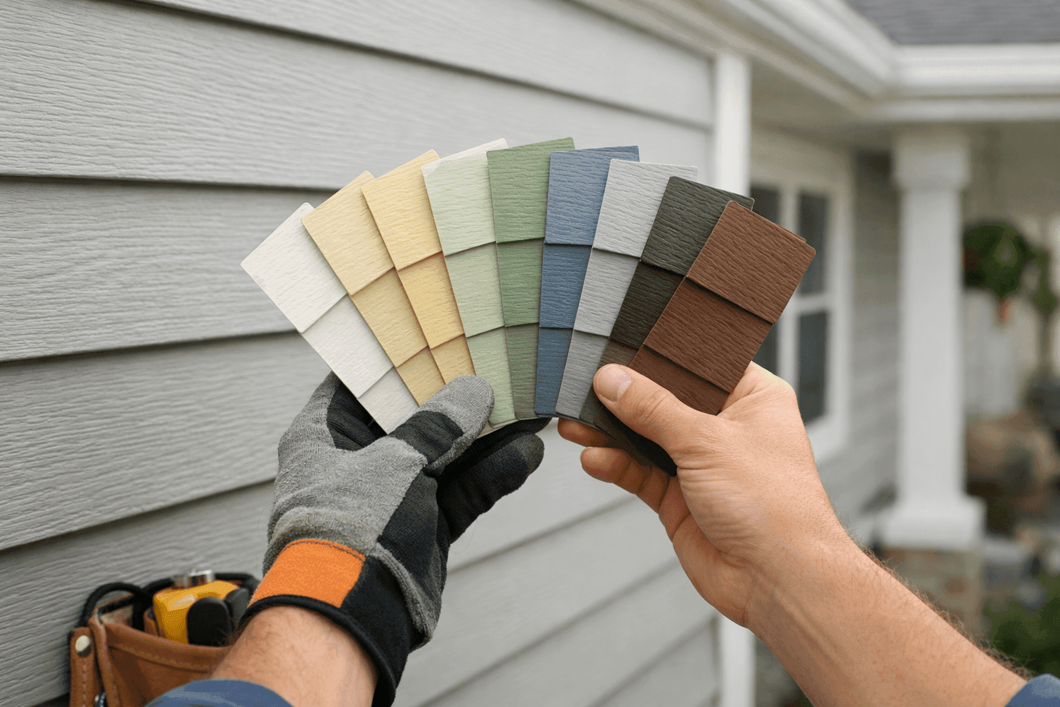 Siding color swatches held against house exterior