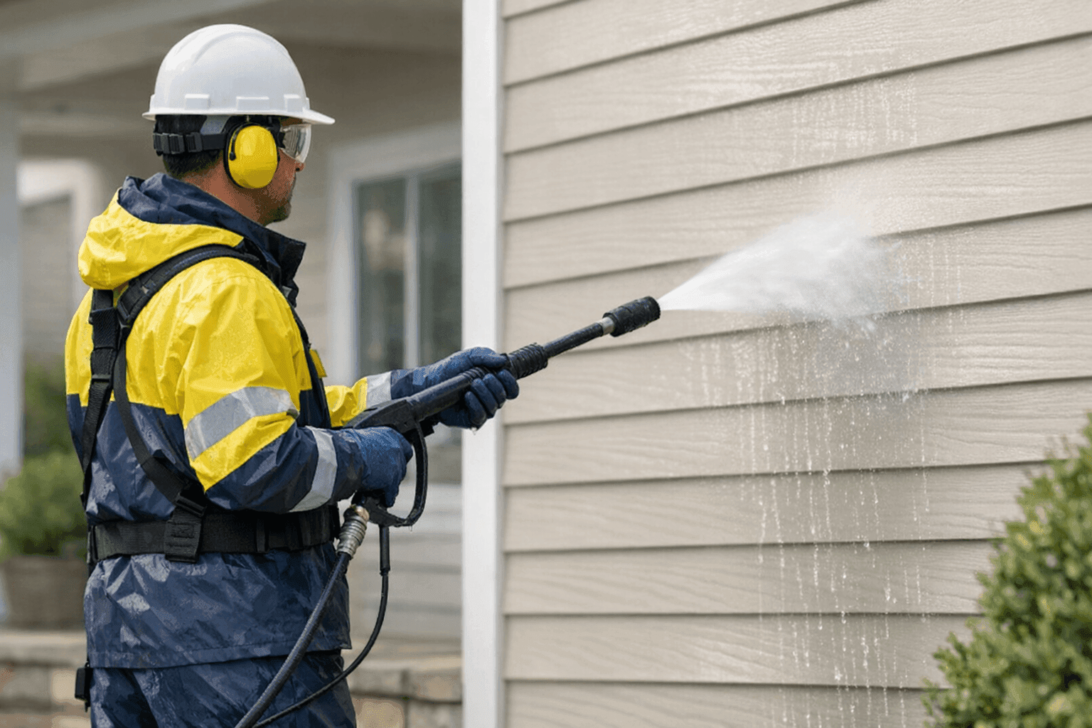 Technician pressure washing house siding carefully