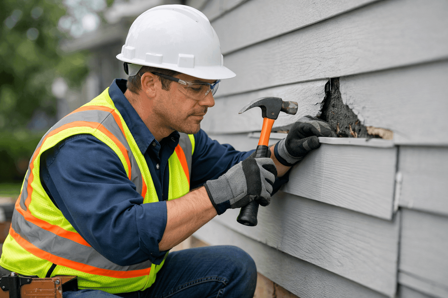 Technician performing emergency siding repairs after storm