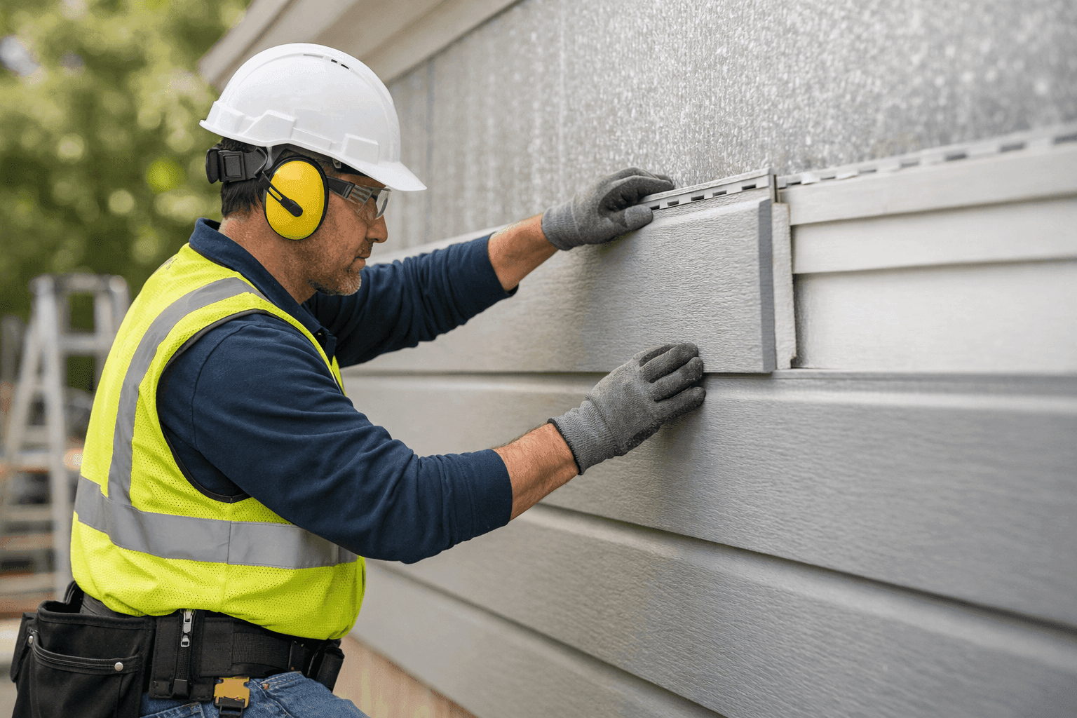 Technician installing insulated siding panels on a home