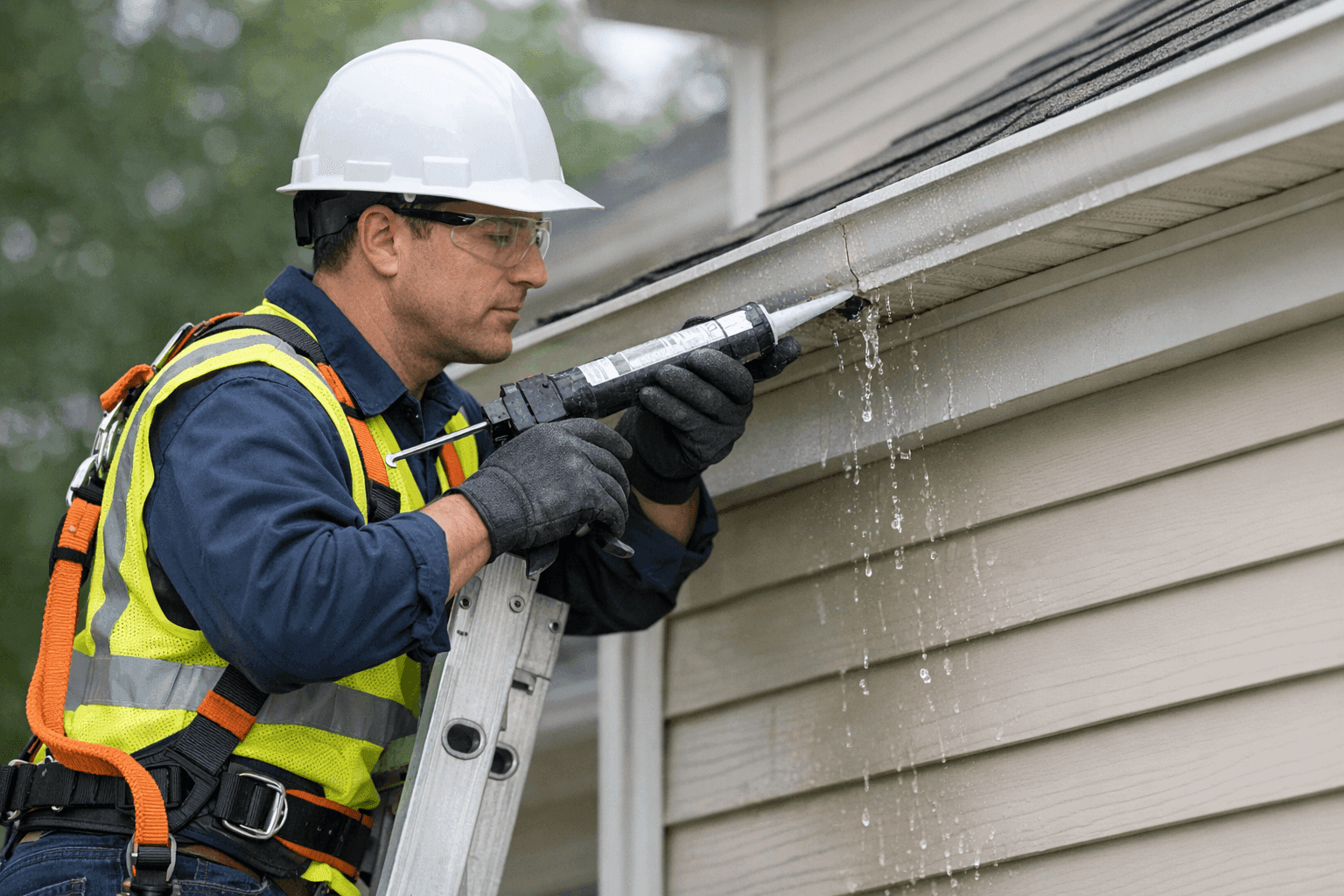 Technician repairing leaking gutter above home siding