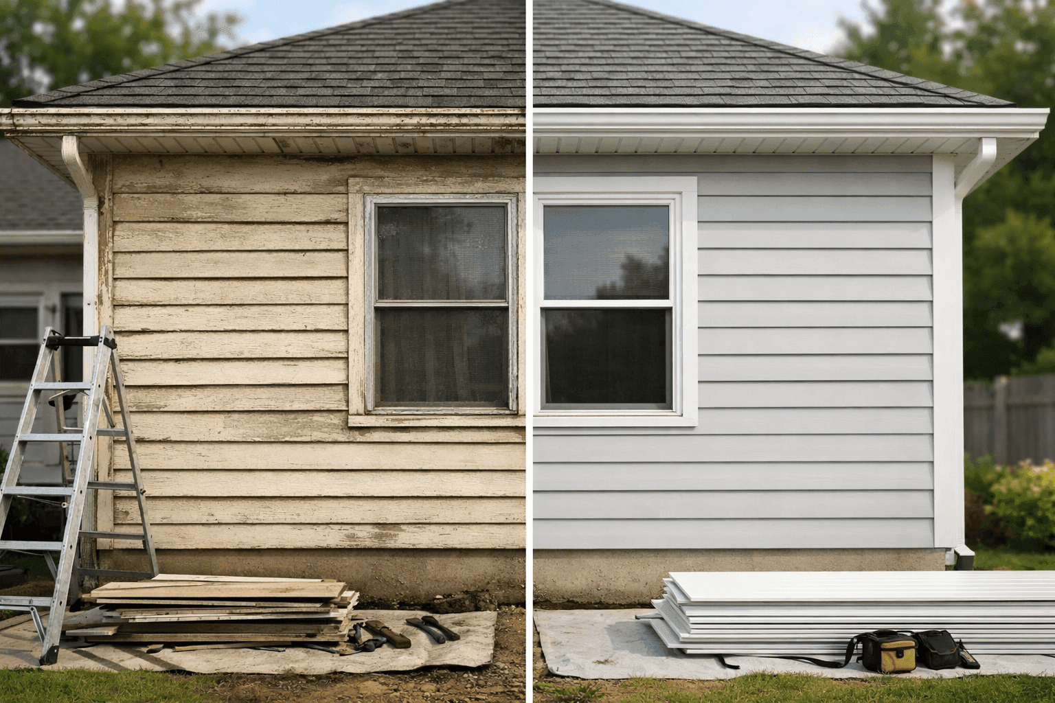 Comparison of old, worn siding versus new replacement panels