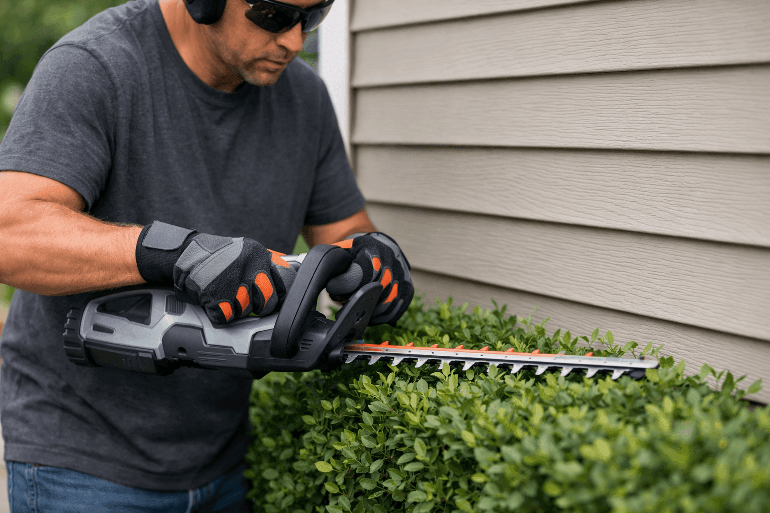 Homeowner trimming bushes safely away from siding