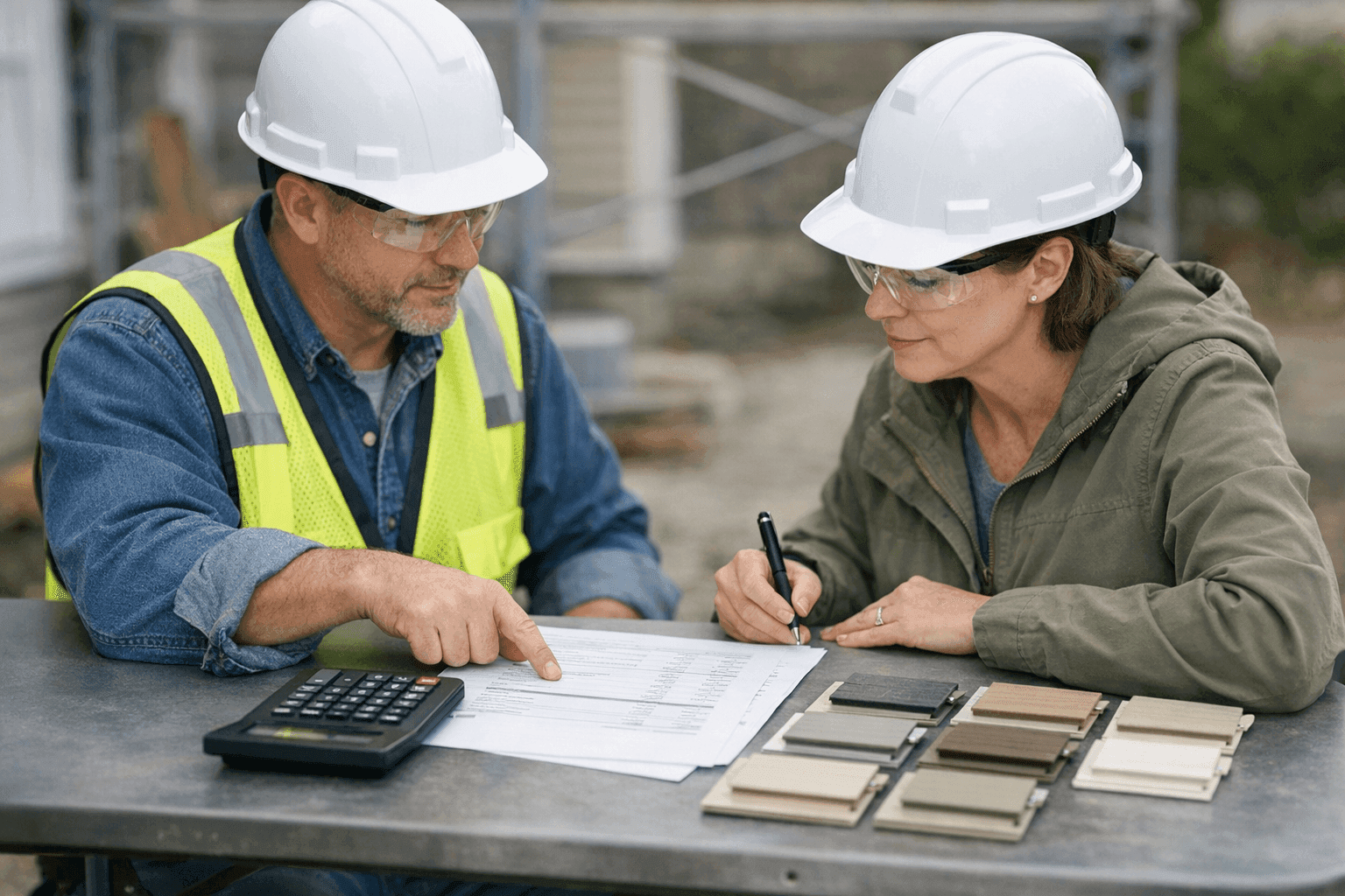 Homeowner reviewing siding project budget with calculator