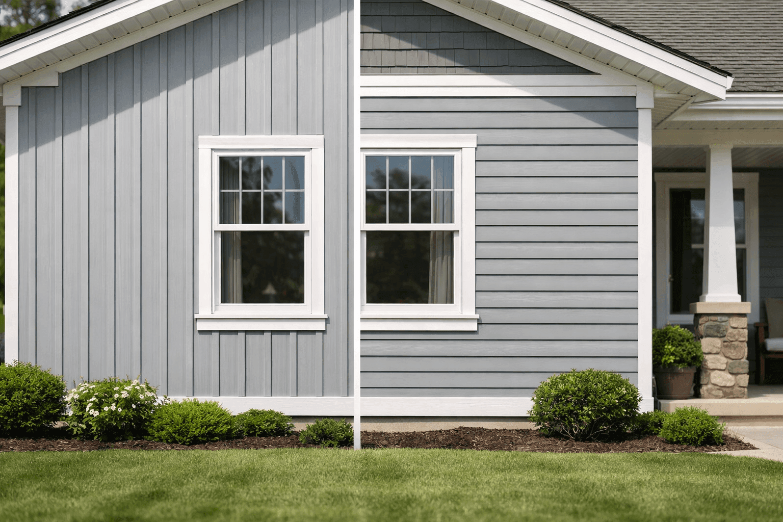Side-by-side of home with vertical and horizontal siding sections