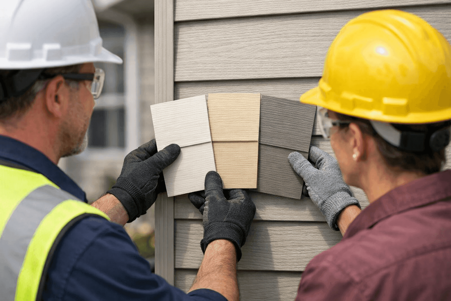 Homeowner comparing siding samples for home addition