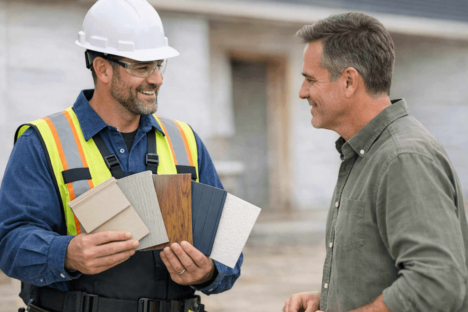 Expert consulting homeowner on siding material options at construction site