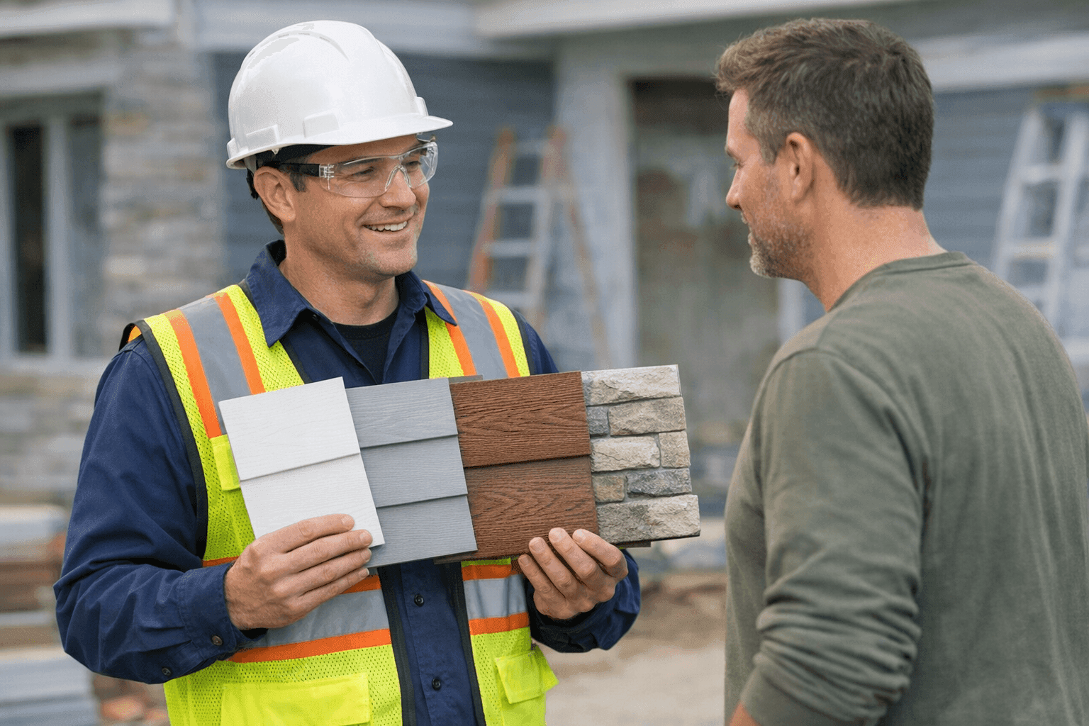 Siding consultant showing profile and texture samples to homeowner