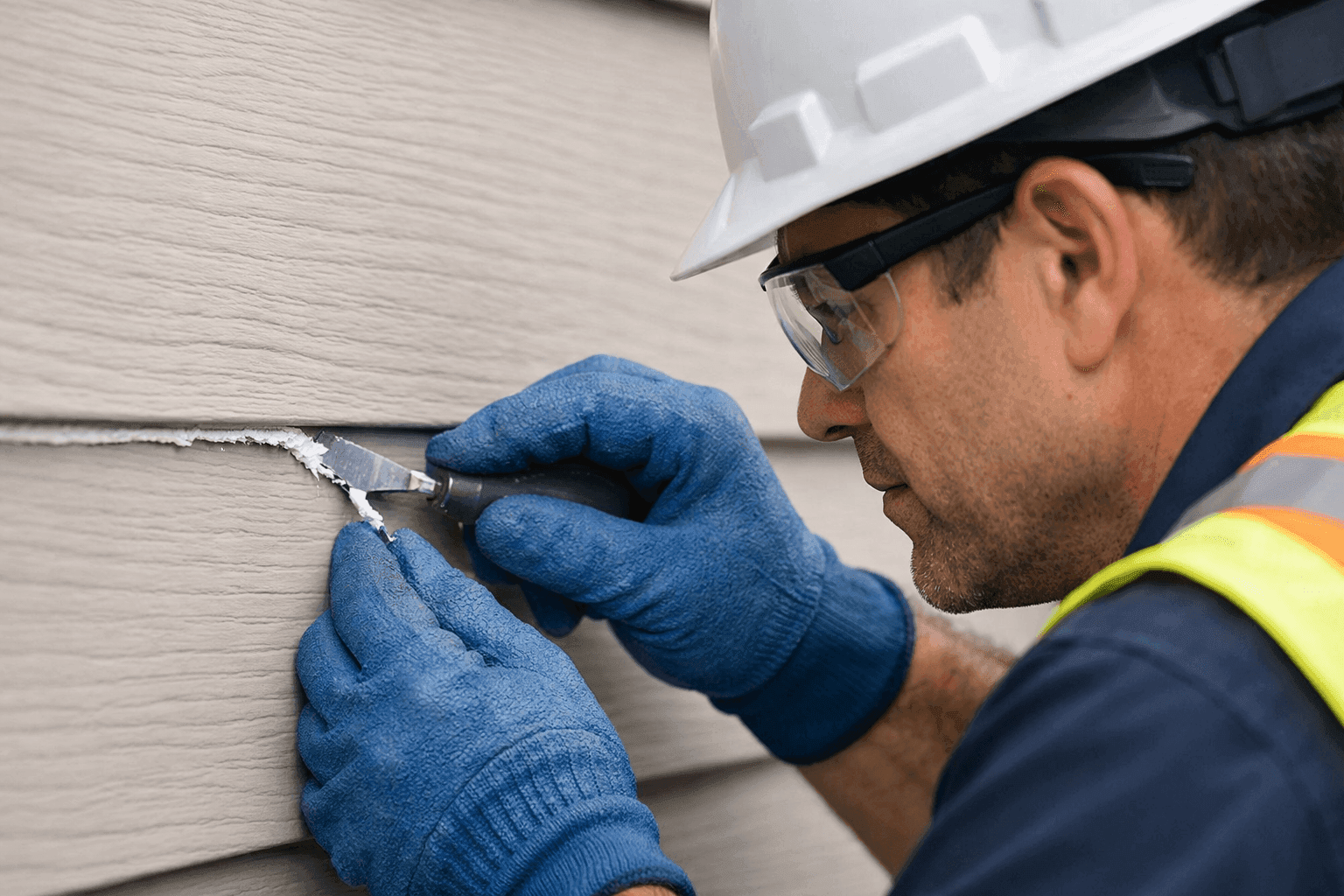Technician scraping out failed caulk from siding seam