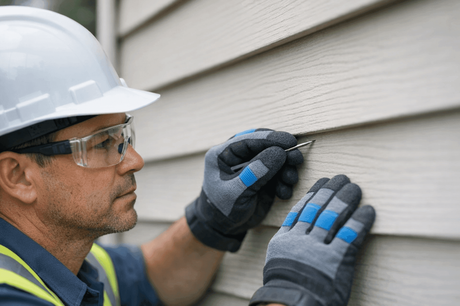 Technician probing siding for soft rot spots during inspection