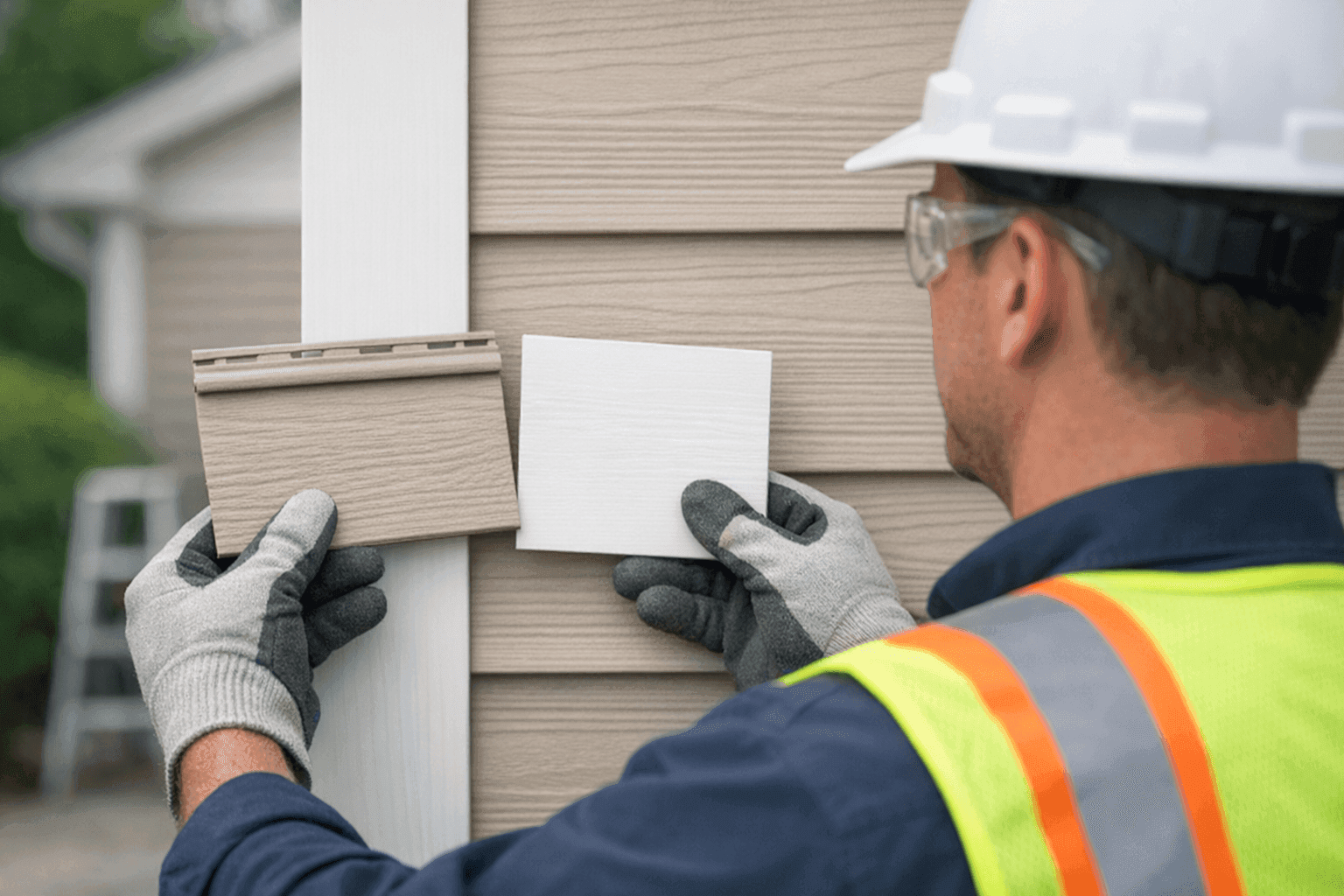 Technician holding siding and trim samples against house exterior