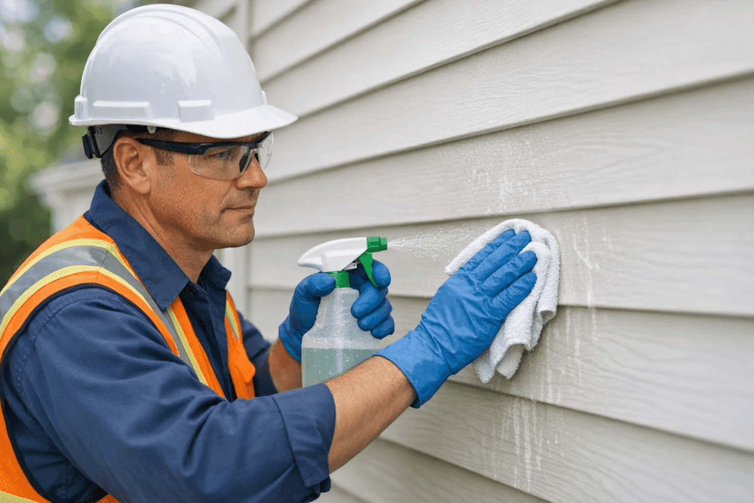 Technician cleaning water stains from siding with gentle solution