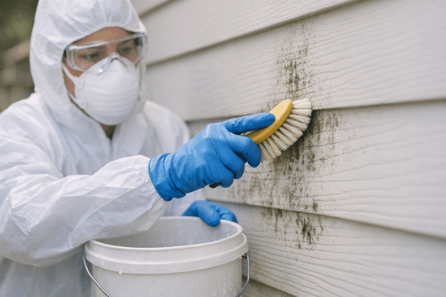 Technician in mask cleaning mold from siding with brush