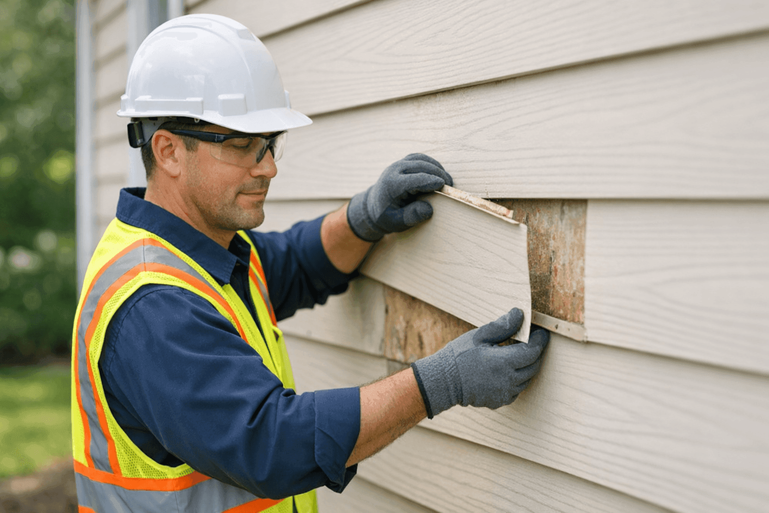 Technician in PPE removing old siding panels from home