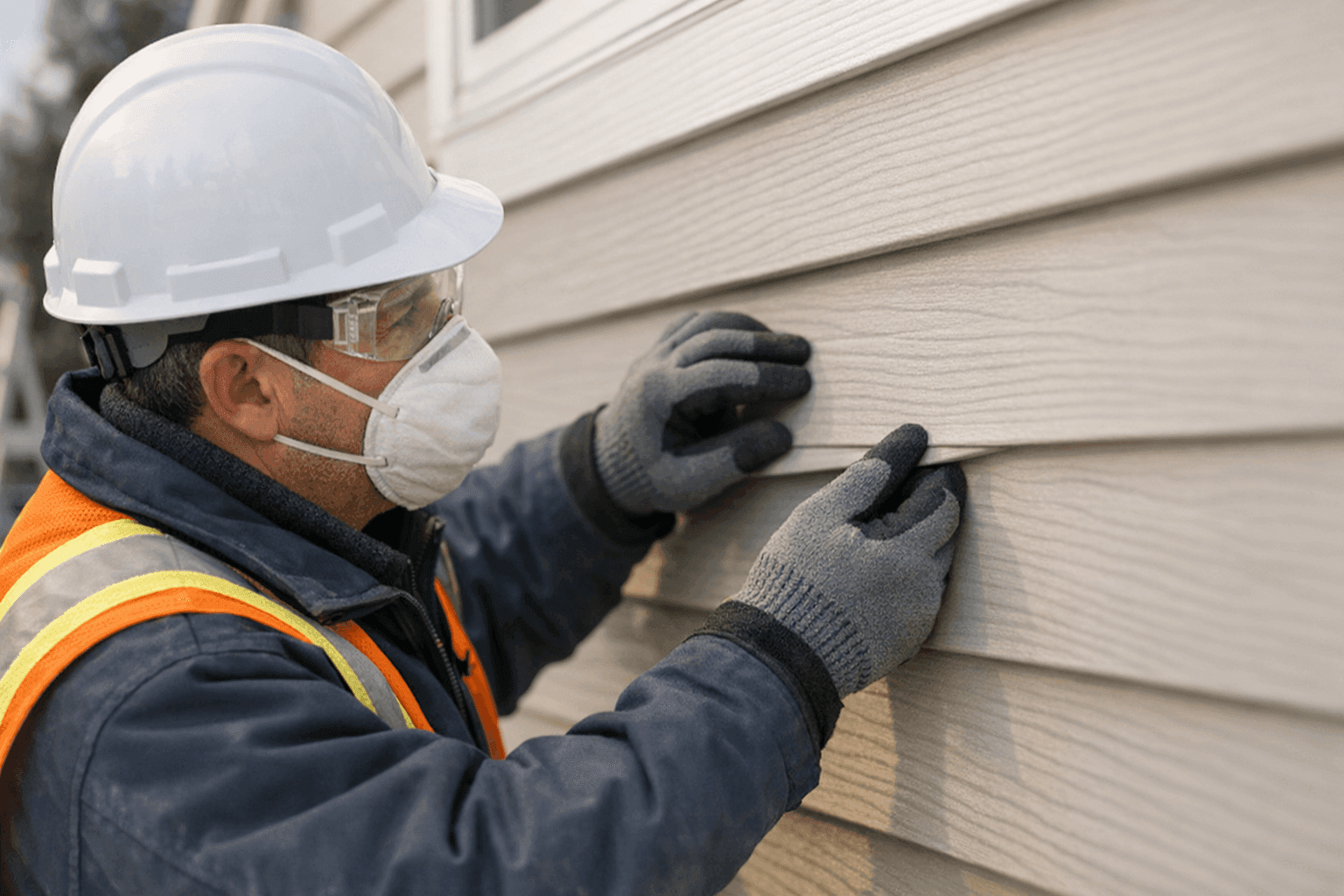 Technician inspecting siding for winter readiness