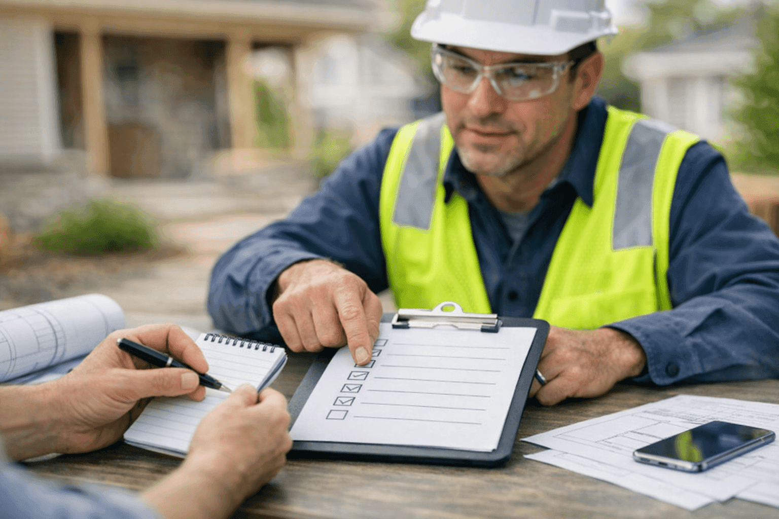 Homeowner interviewing siding contractor with questions at table