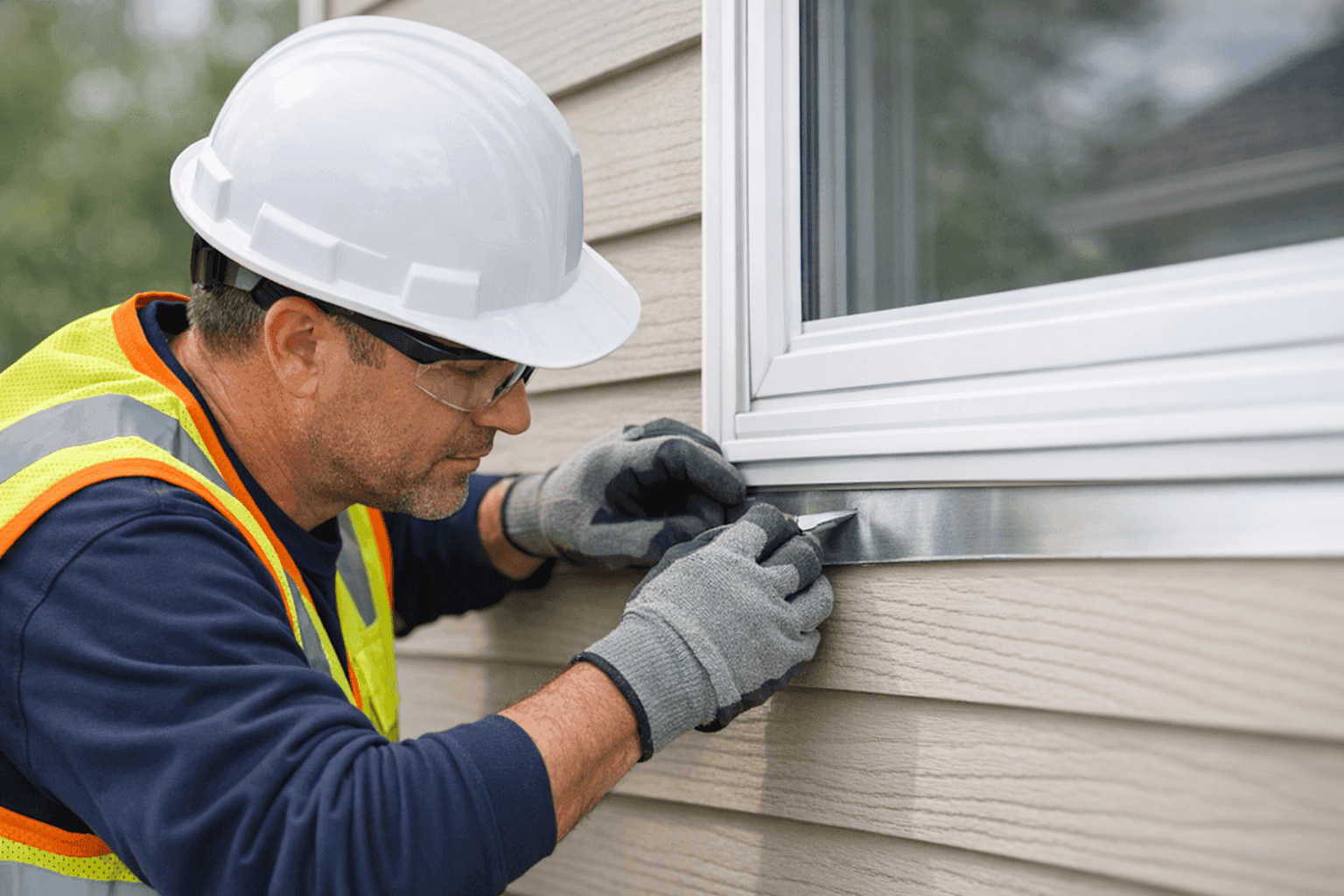 Technician repairing flashing at siding and window joint