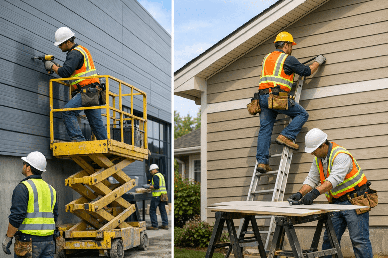 Side-by-side of commercial and residential buildings with different siding
