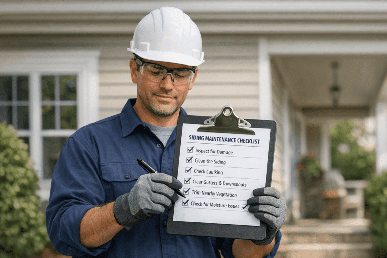 Seasonal checklist with technician inspecting siding