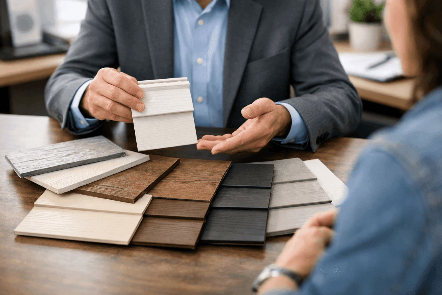 Consultant reviewing siding samples with client at table