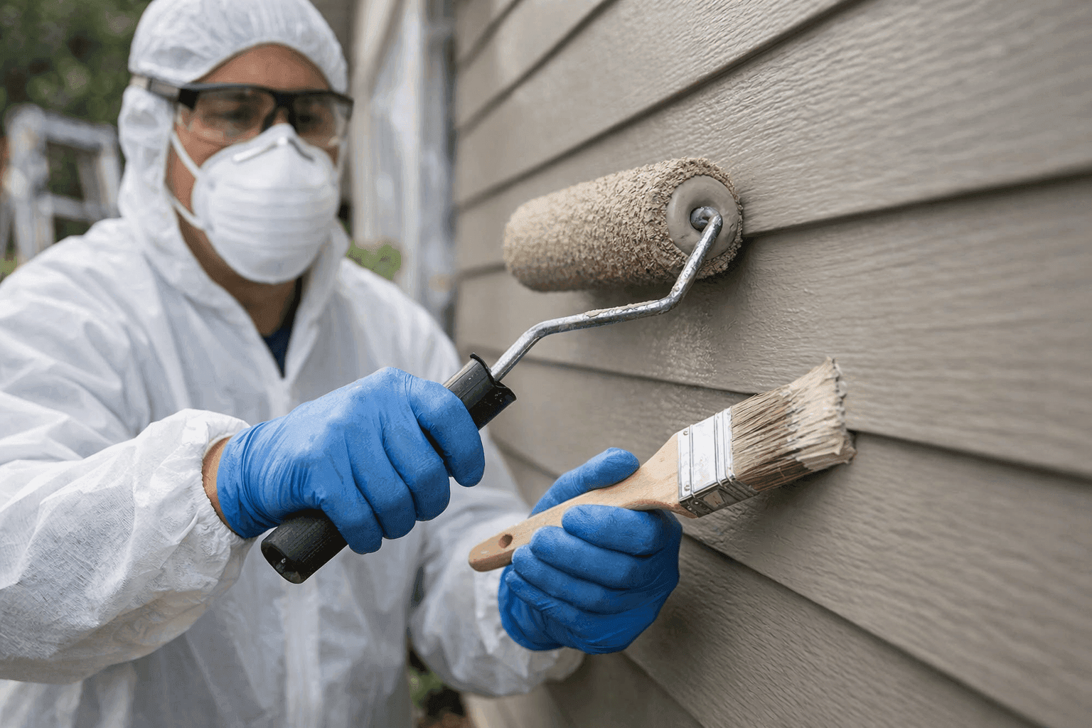 Technician painting house siding with roller and brush