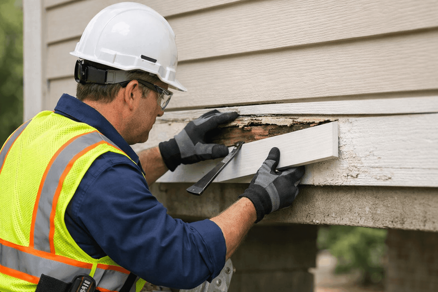 Technician replacing damaged exterior trim on siding