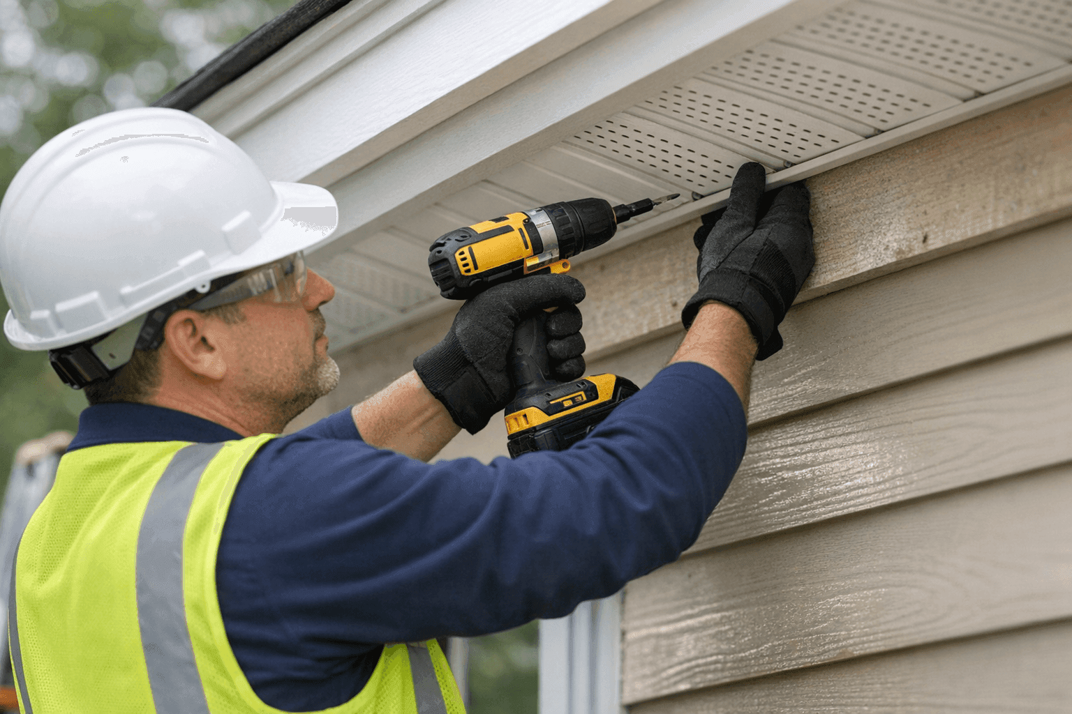 Technician installing vented soffit for siding moisture control