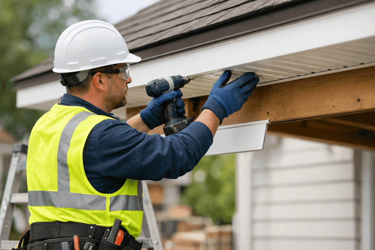 Technician installing new soffit and fascia under roof edge