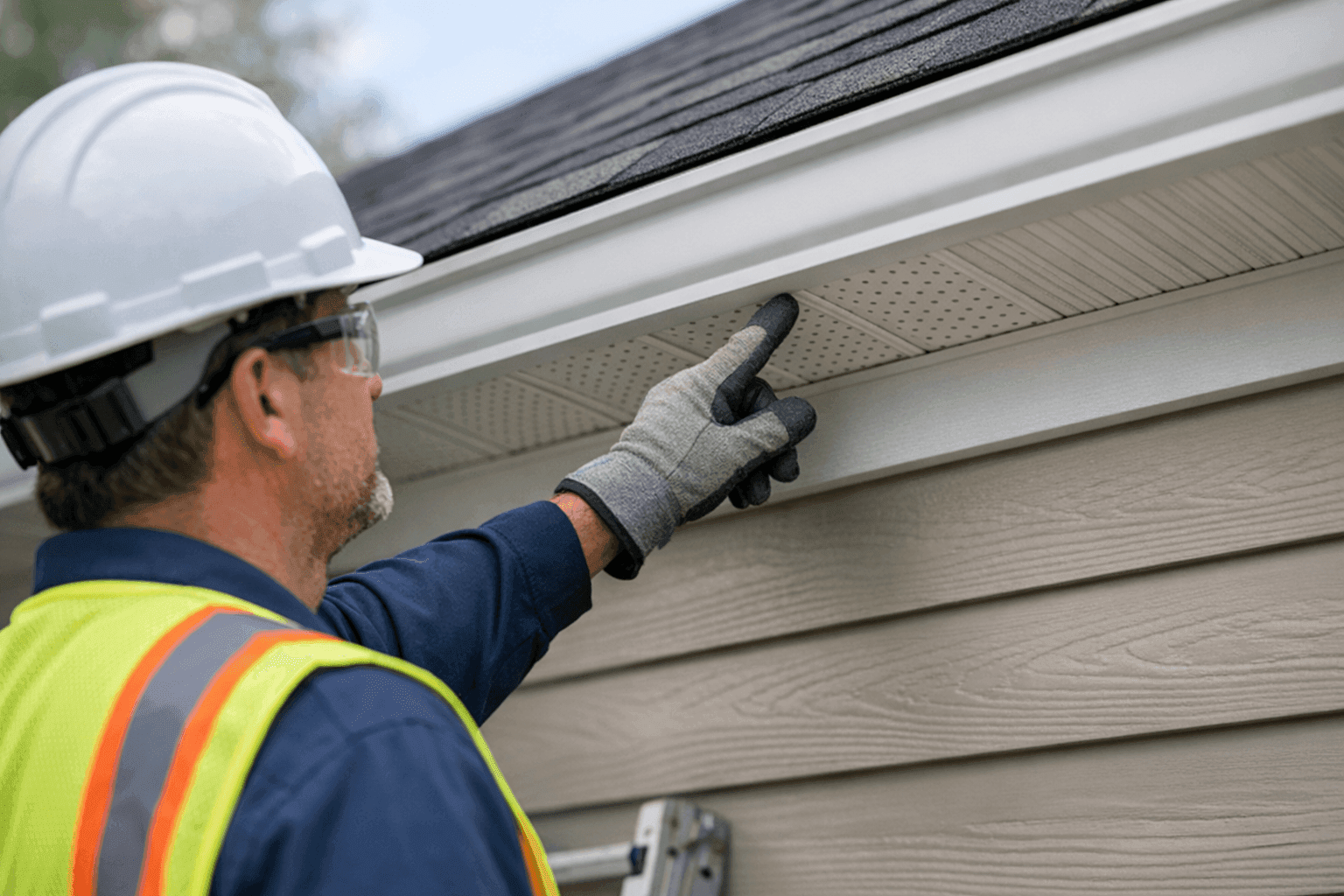 Technician pointing to soffit and fascia under roof edge