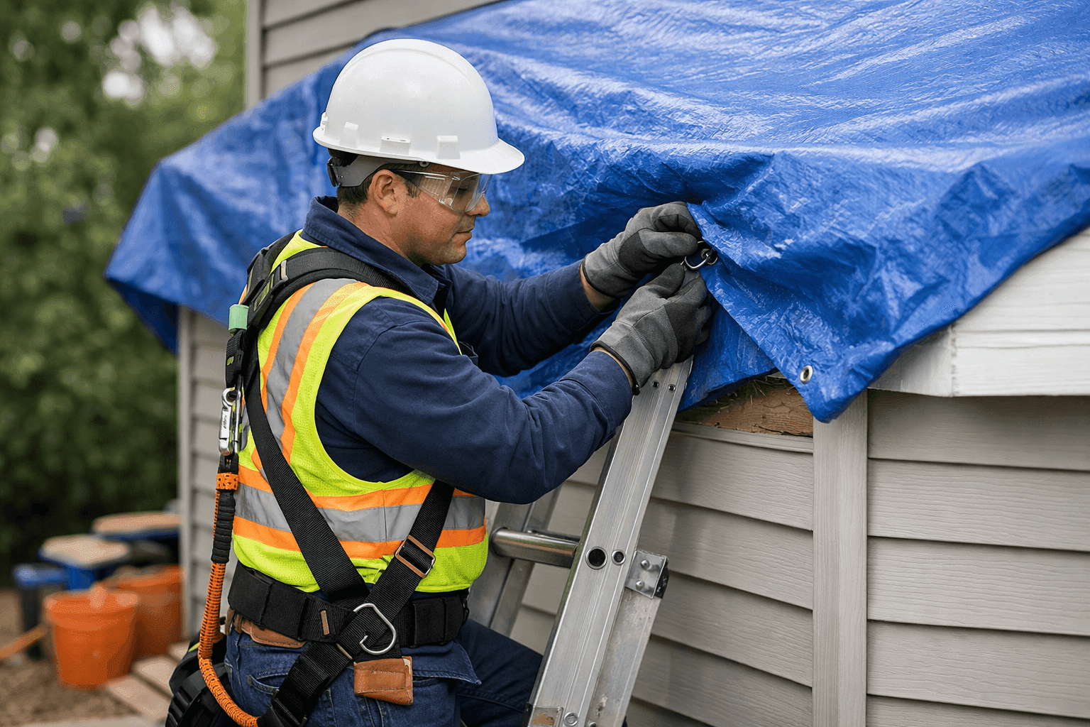 Technician securing tarp over storm-damaged siding