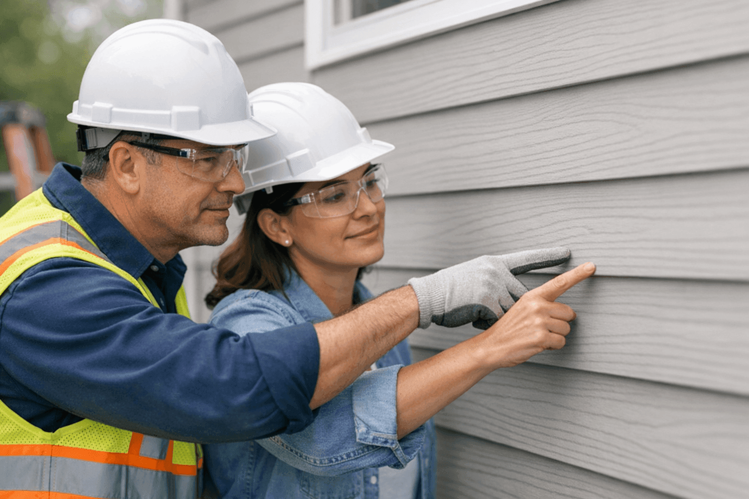 Inspector reviewing siding condition with homeowner