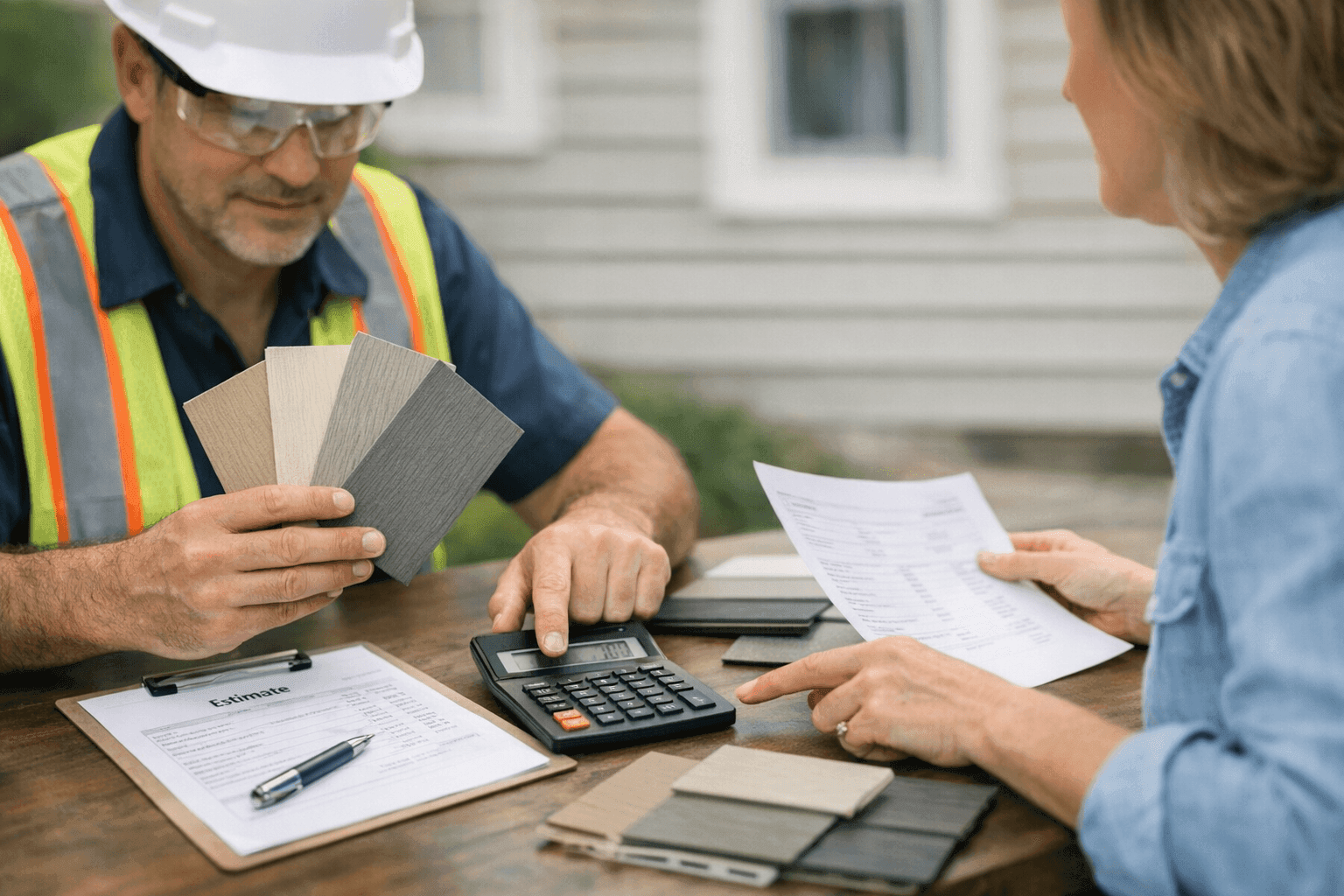 Contractor reviewing siding estimate sheet with homeowner