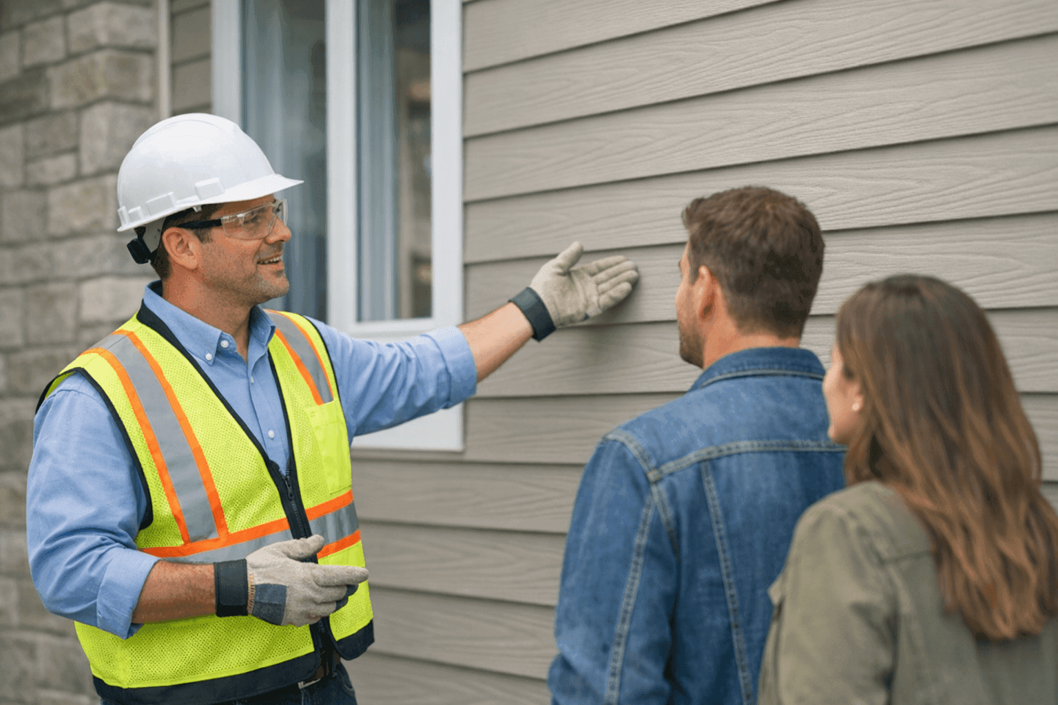 Real estate agent showing home with new siding to potential buyers