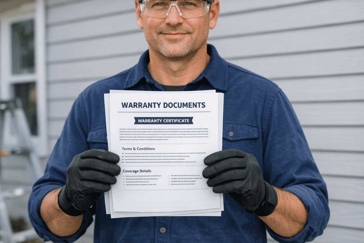 Homeowner holding siding warranty documents near new siding installation