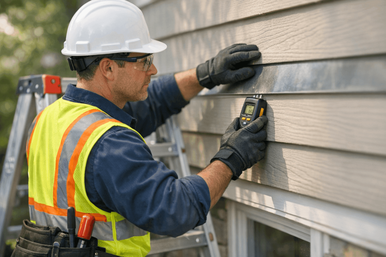 Inspector using tools to check siding and flashing