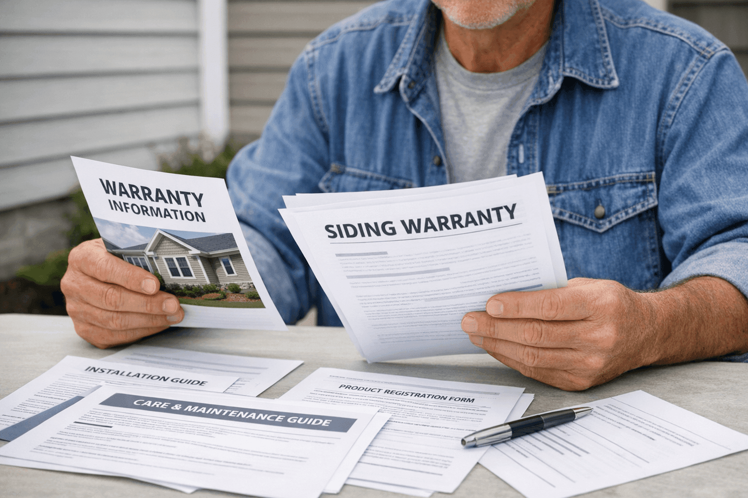 Homeowner reviewing siding material warranty cards and paperwork