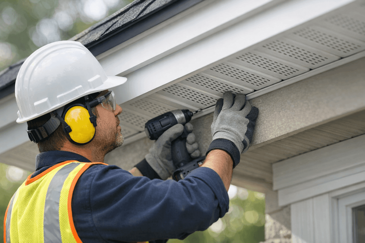 Technician installing upgraded vented soffit under eave