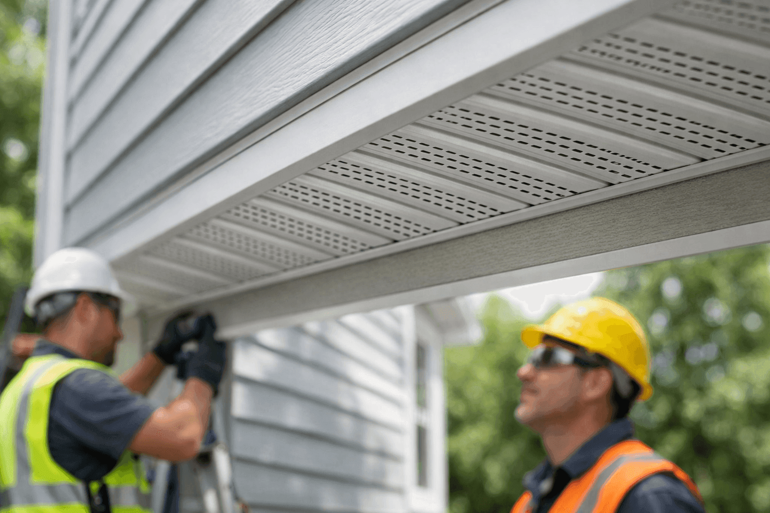 Close-up of vented soffit panels beneath siding